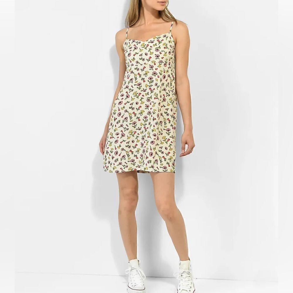 Vans Daly Floral Tan Tank Dress Size XXS Smocked Back Adjustable Spaghetti Strap